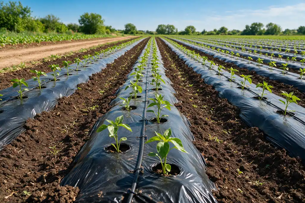 Lavoura com filme de mulching preto e tubos de irrigação por gotejamento