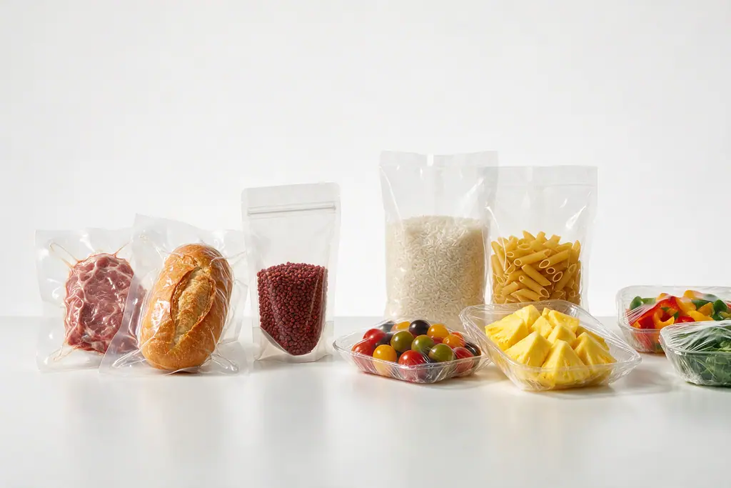 Alimentício Embalagens plásticas para alimentos: pacotes a vácuo, sacos e bandejas com filme