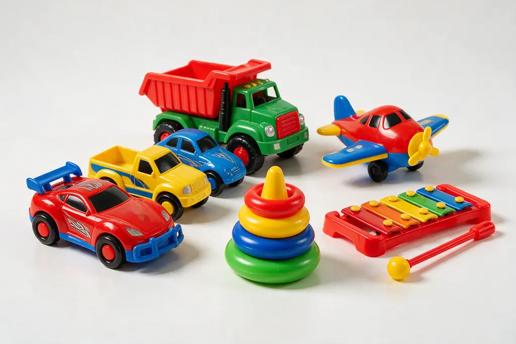 Brinquedos plásticos injetados coloridos: carrinhos, caminhão, avião e argolas