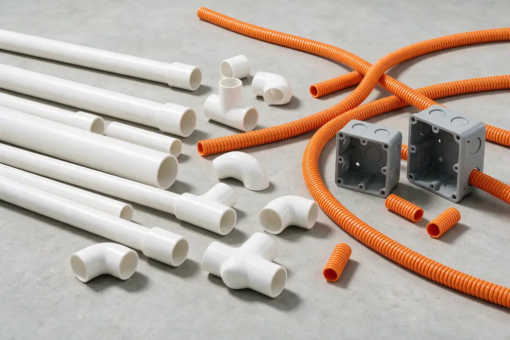 Tubos e conexões de PVC, conduíte corrugado laranja e caixas elétricas