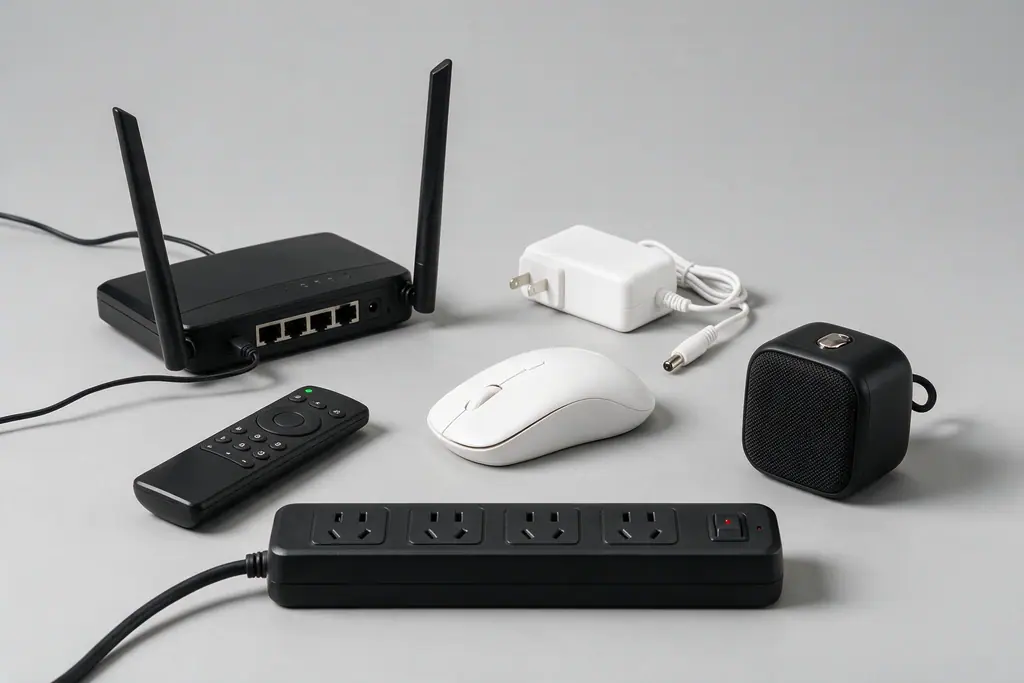 Eletroeletrônicos Roteador, carregador, controle remoto, mouse e filtro de linha com carcaças plásticas