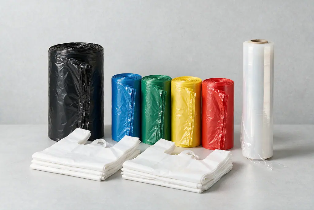 Rolos de sacos de lixo pretos e coloridos, sacolas e filme stretch