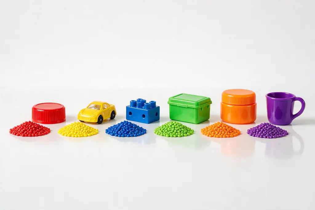 Grânulos de masterbatch colorido ao lado de peças plásticas da mesma cor