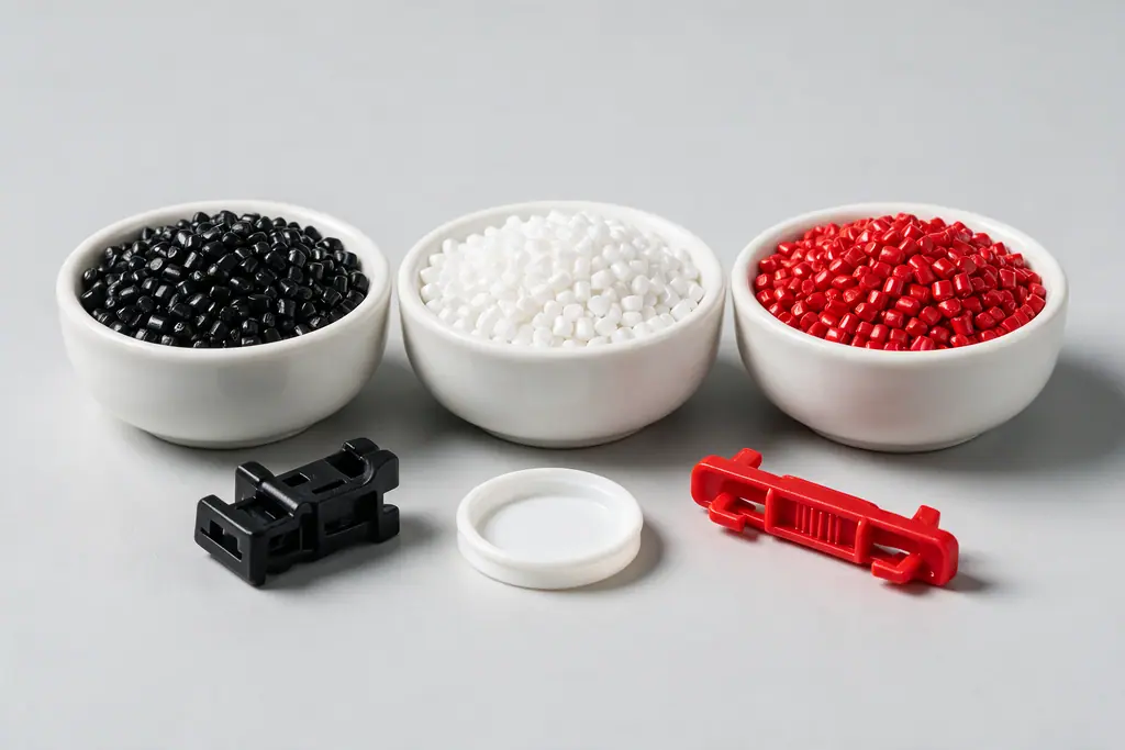 Grânulos de masterbatch preto, branco e vermelho com peças plásticas nas mesmas cores