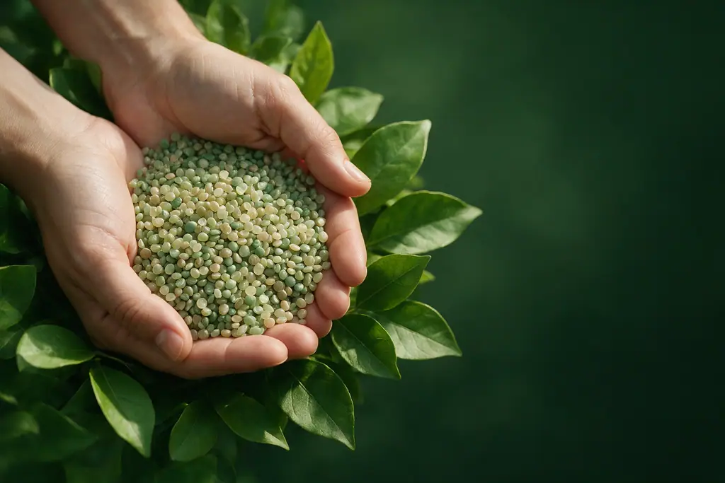 Mãos com grânulos de plástico reciclado entre folhas verdes