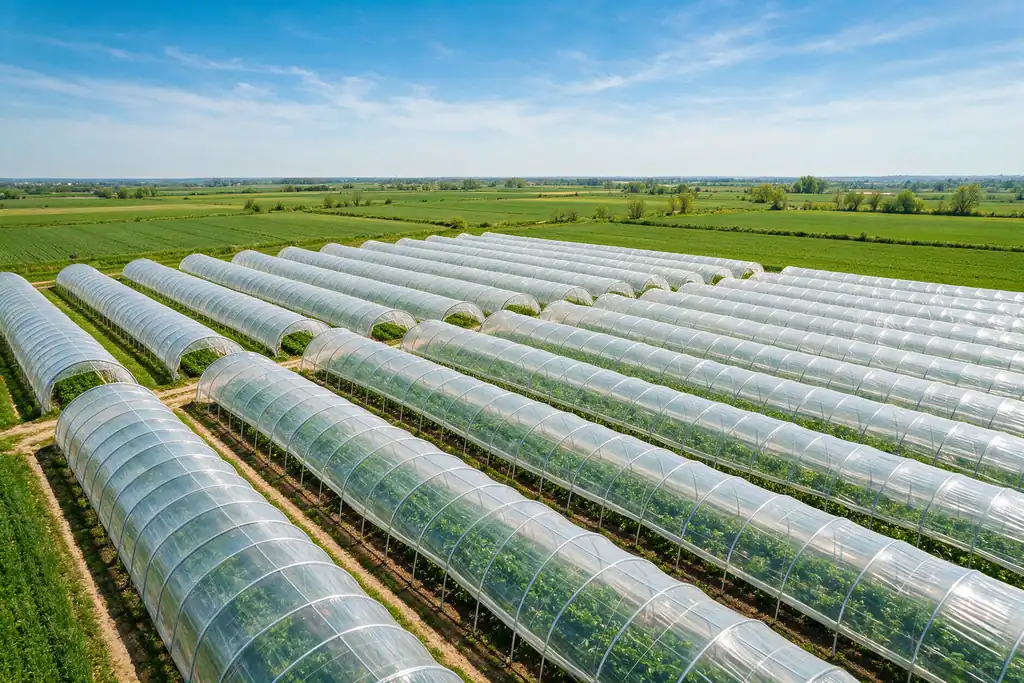 Vista aérea de estufas agrícolas cobertas com filme plástico