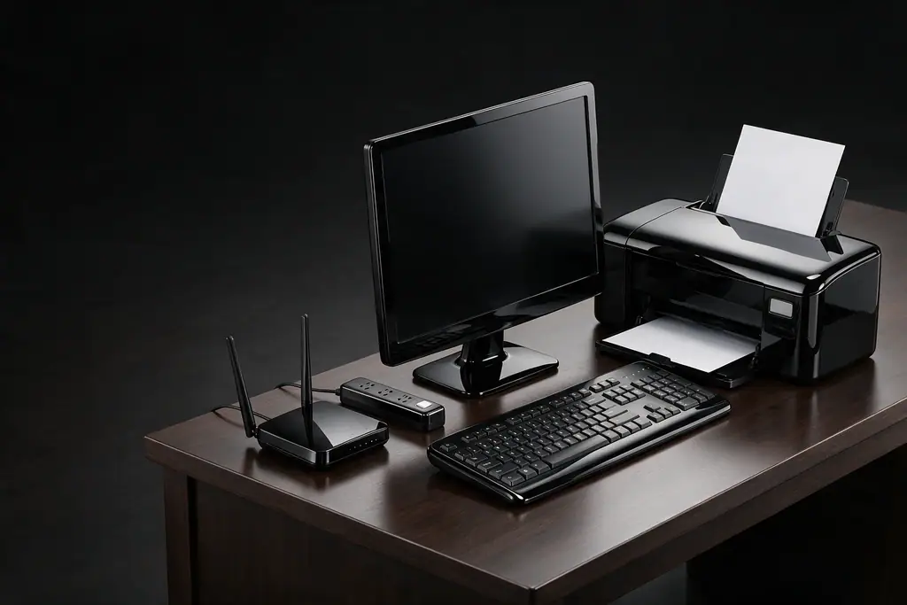 Impressora, monitor, teclado e roteador em plástico preto brilhante