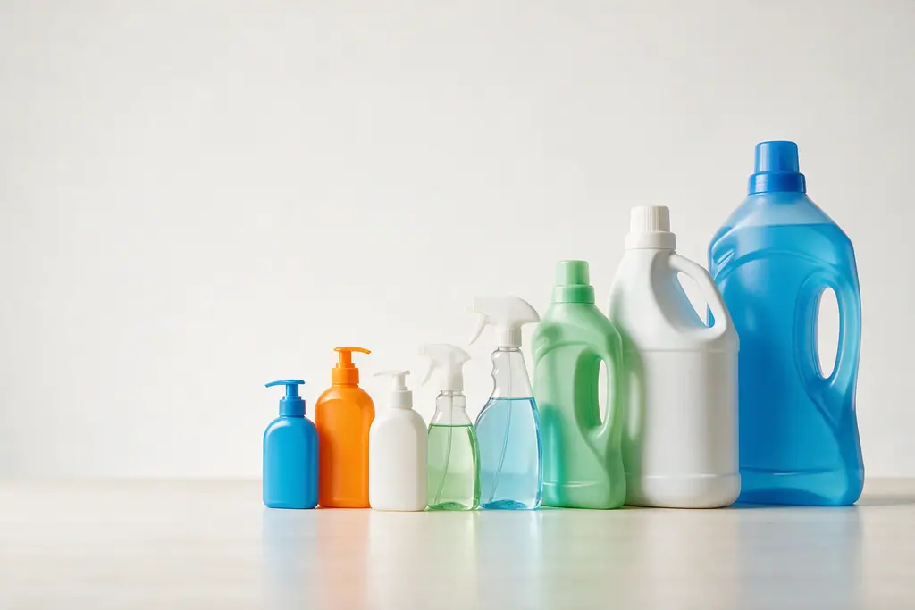Frascos plásticos de detergente, alvejante, sabonete e borrifadores
