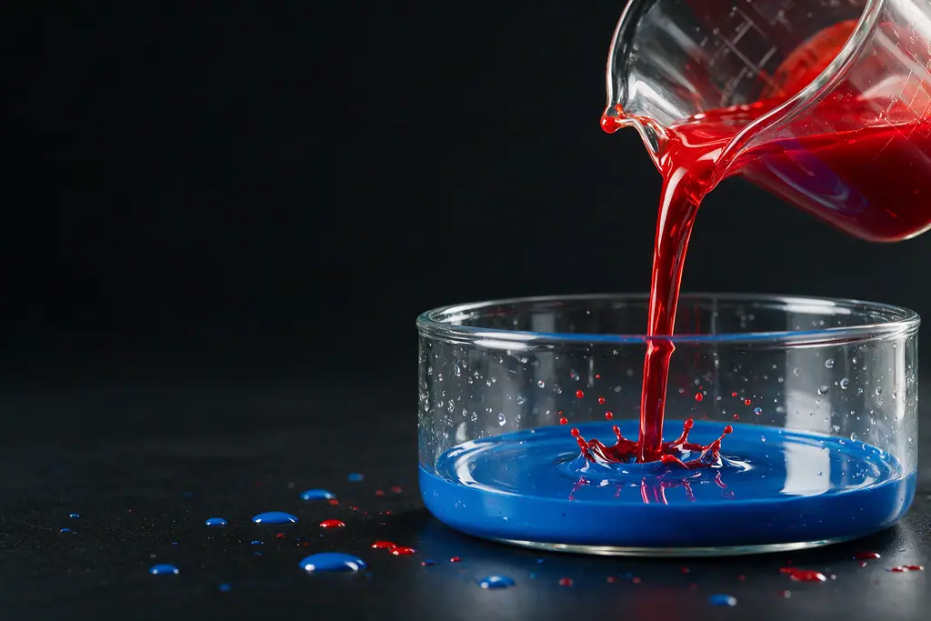 Pigmento líquido vermelho sendo despejado sobre líquido azul