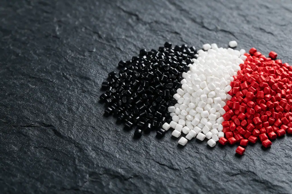 Montes de masterbatch preto, branco e vermelho sobre ardósia