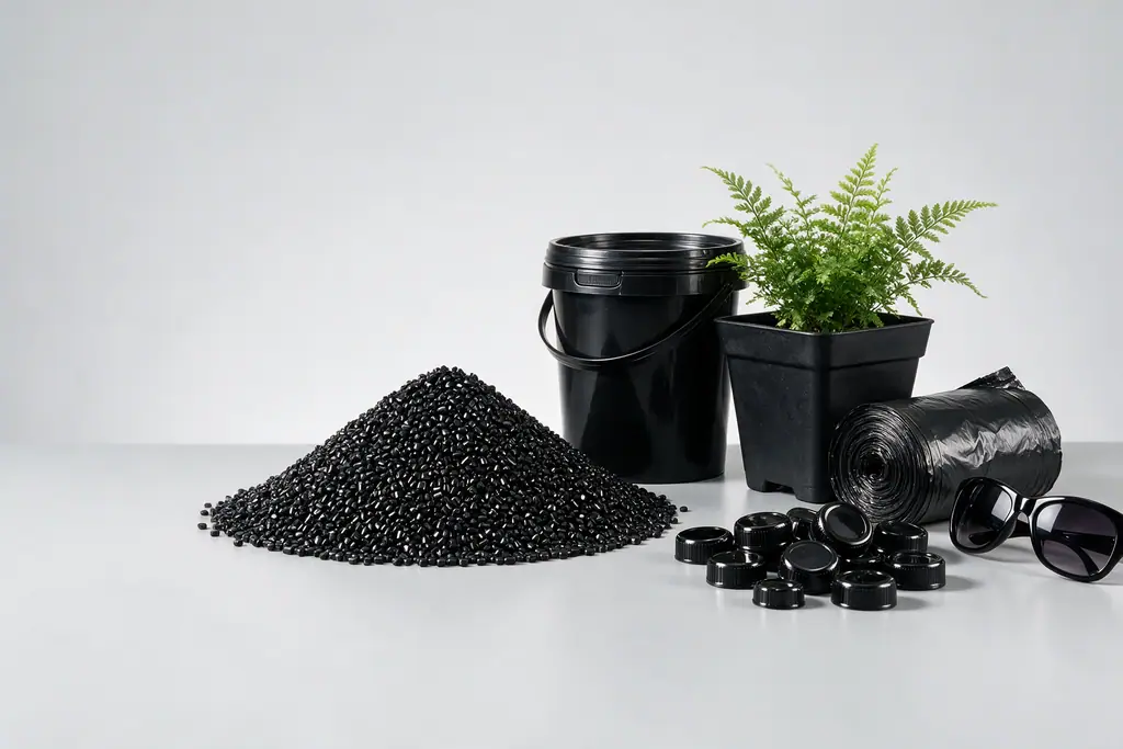 Masterbatch preto ao lado de balde, vaso, sacos de lixo, tampas e óculos pretos