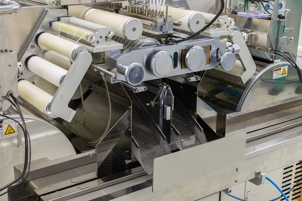 Máquina de embalagem em aço inox com rolos tensionadores de filme plástico em linha de envase