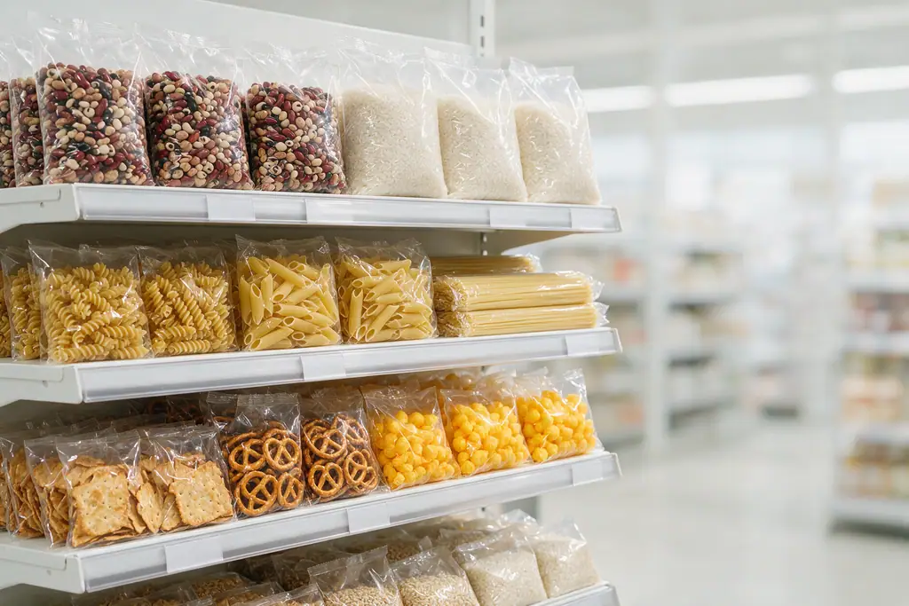 Gôndola de supermercado com arroz, feijão e macarrão em embalagens plásticas