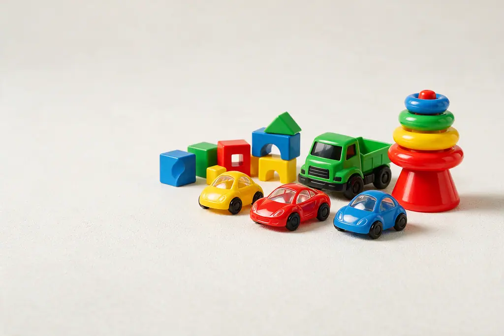 Carrinhos, caminhão, blocos e argolas de brinquedo em plástico colorido