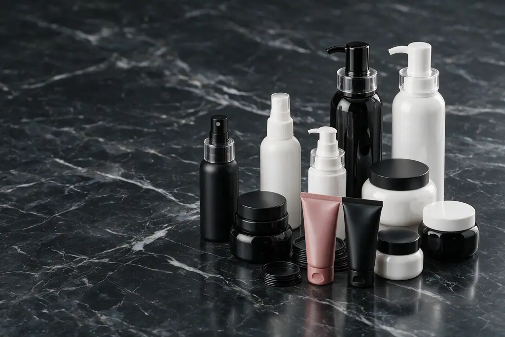 Frascos, potes e bisnagas plásticas para cosméticos sobre mármore